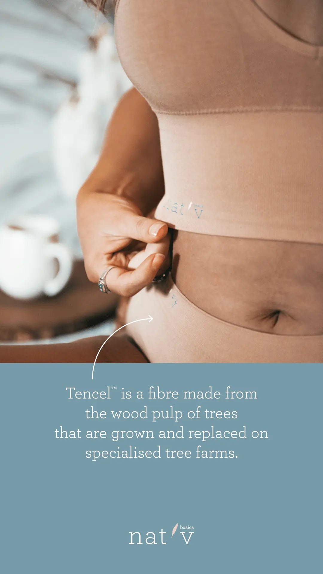 close-up of person wearing beige sustainable Lenzing Tencel activewear highlighting eco-friendly fabric made from wood pulp fibers