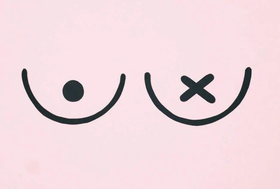 Simple illustration of two stylized breasts on a pink background, one with a black dot and the other with a black X, representing steps in a self-exam for breast cancer.