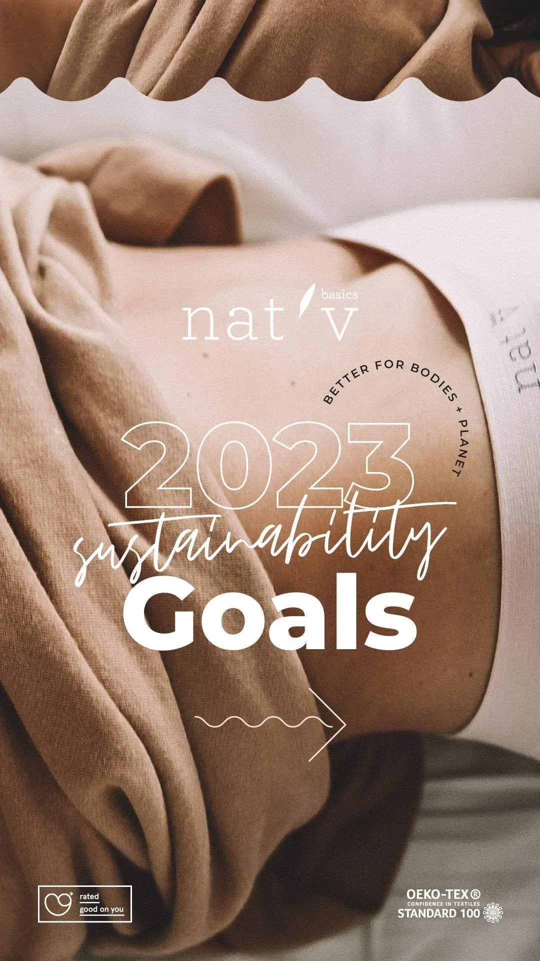 Close-up of Nat'v underwear with 2023 sustainability goals text, highlighting eco-friendly fabric and ethical certifications.