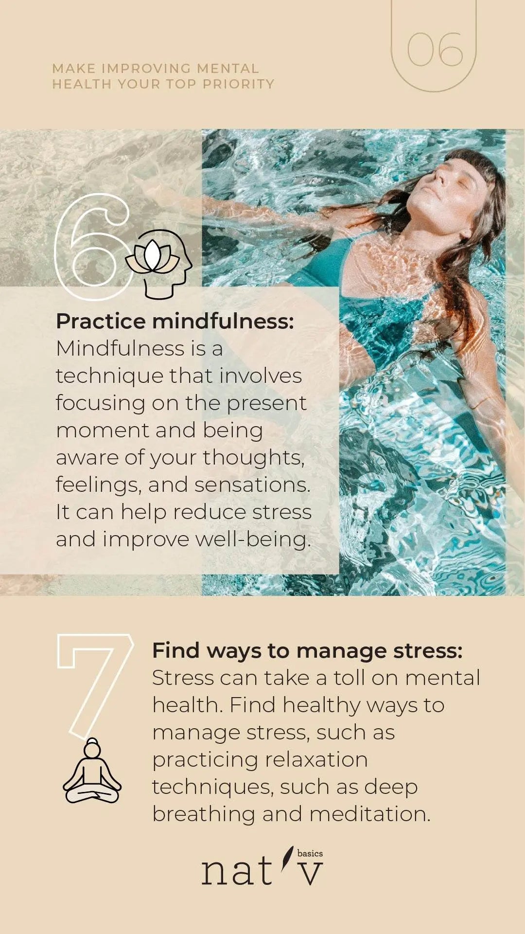 Woman practicing mindfulness by floating calmly in a pool of water to reduce stress and improve mental health.