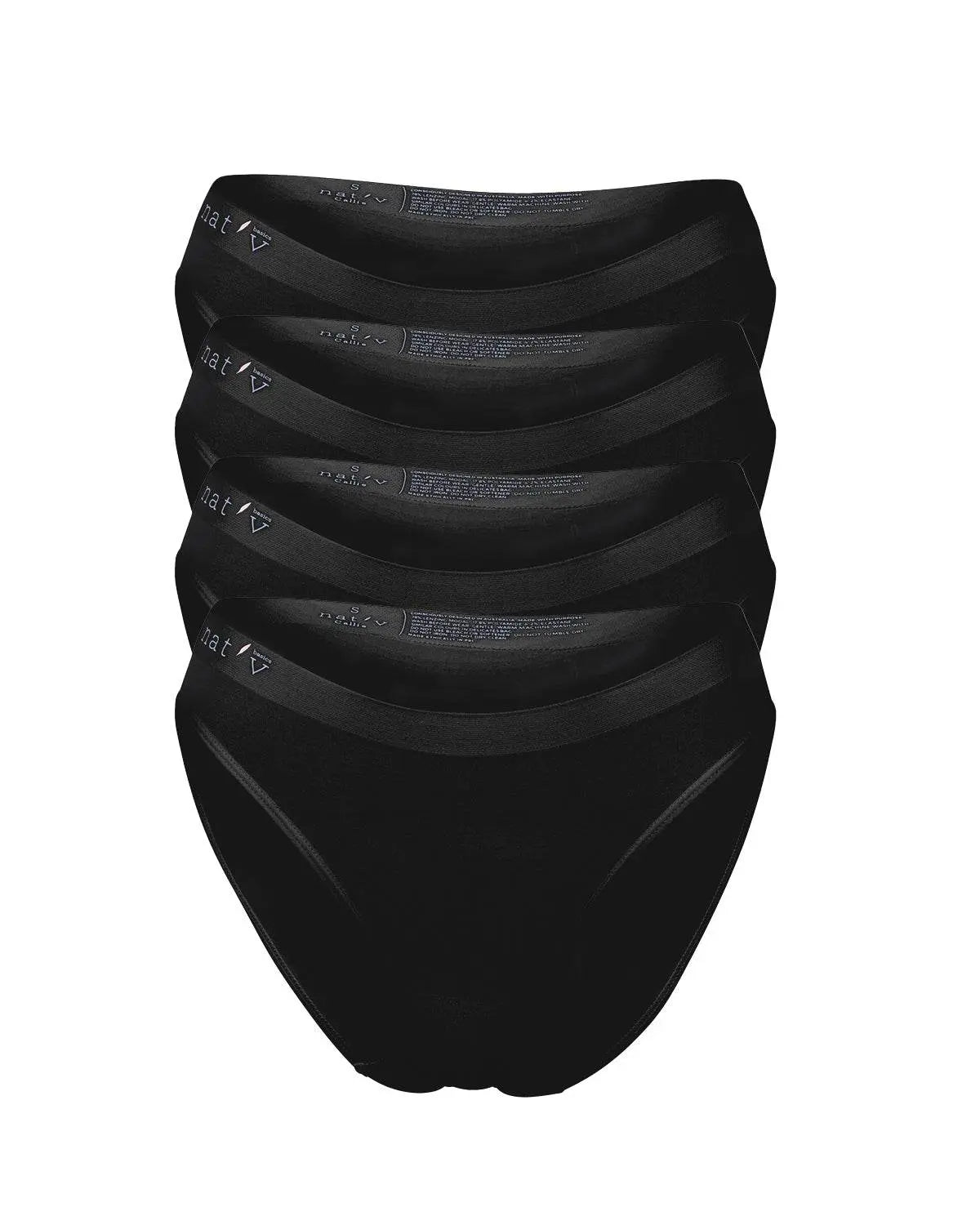 Four-pack of black natural hip bikini briefs with thin soft waistbands and semi-seamless design for everyday comfort