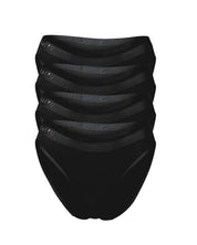 Four-pack of black natural hip bikini briefs with thin soft waistbands and semi-seamless design for everyday comfort