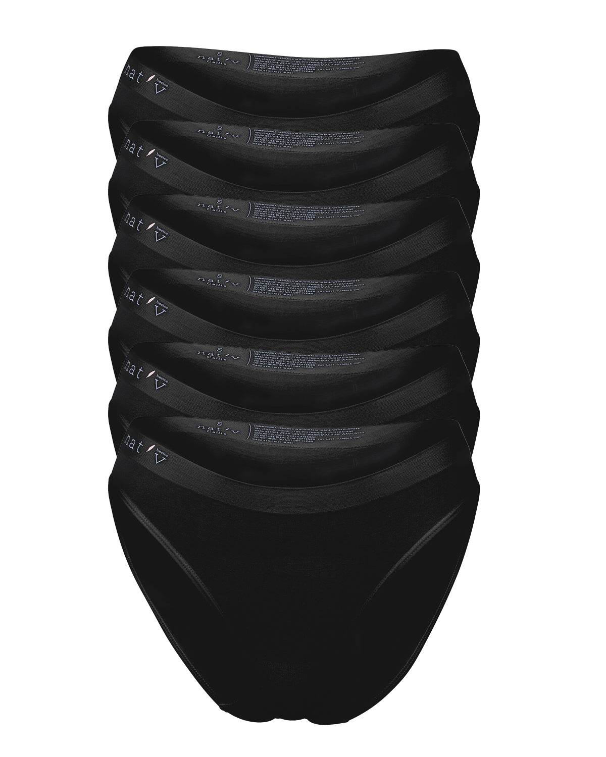Set of seven black natural hip bikini briefs with thin soft waistbands and semi-seamless design for everyday comfort
