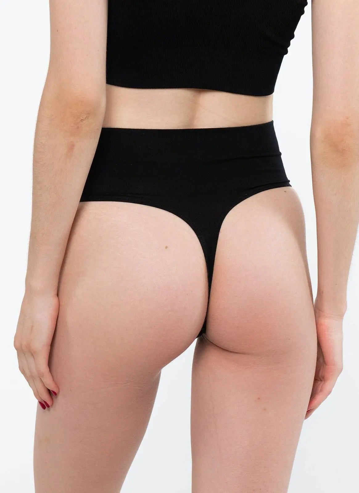 Black high-waisted shapewear G string underwear with seamless design and firm waistband