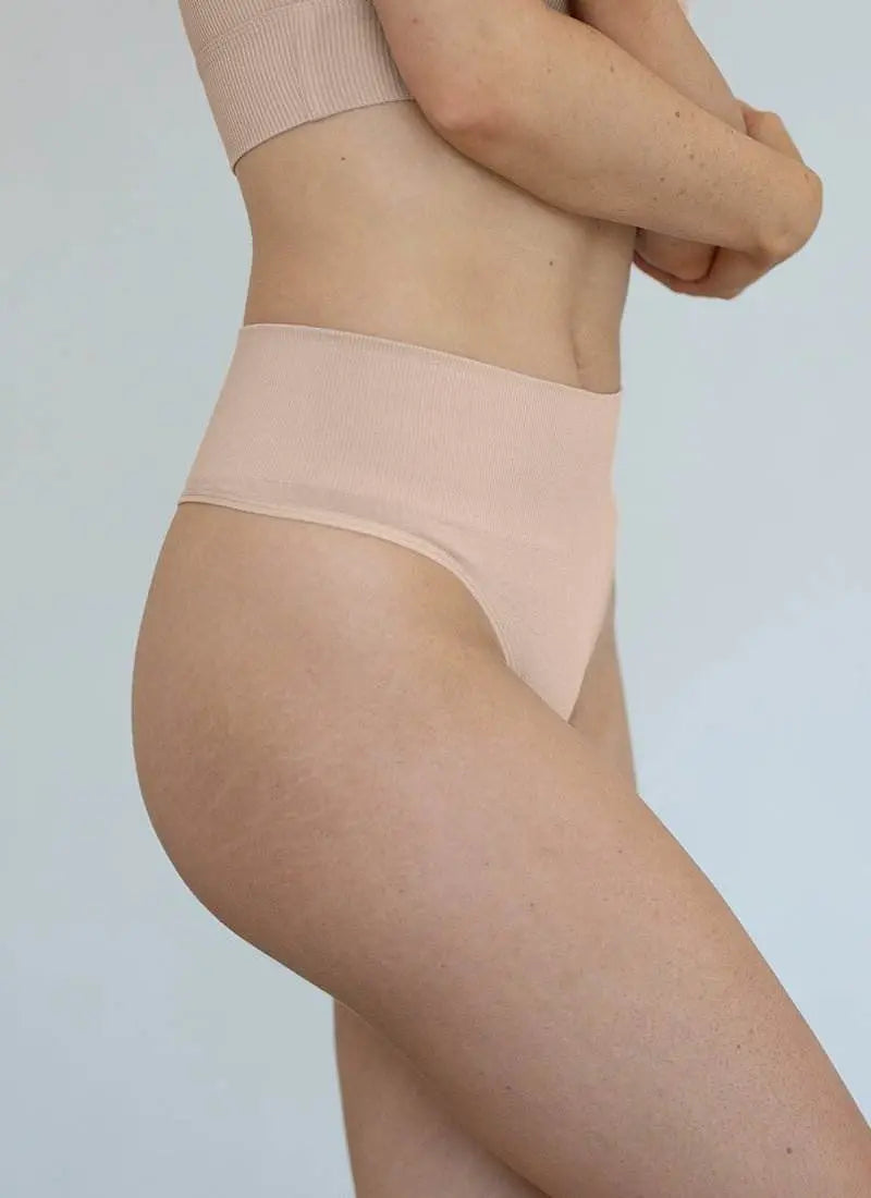 Eco-friendly high-waisted beige G string with compression waistband for comfortable all-day wear