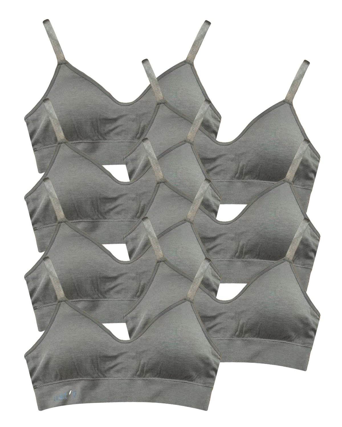Set of seven grey wireless bras with adjustable straps, seamless design, and soft, breathable fabric for everyday comfort.