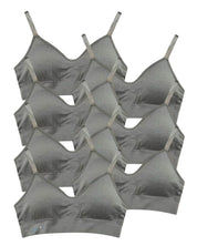 Set of seven grey wireless bras with adjustable straps, seamless design, and soft, breathable fabric for everyday comfort.