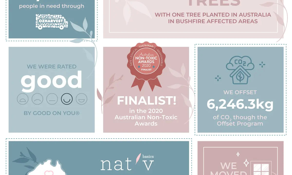 Nat'v achievements infographic showing trees planted, people fed, CO2 offset, award finalist, rating, name update, and new commercial space in 2020.