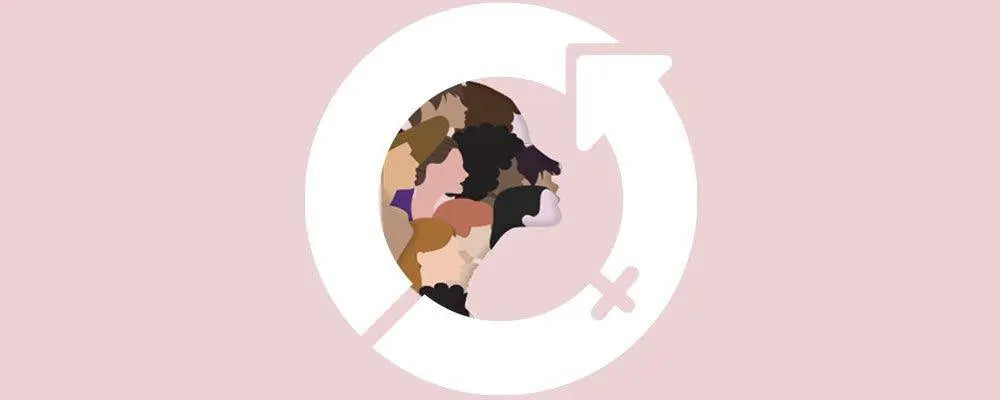 International Women’s Day 2024 graphic symbol with diverse women's faces inside gender equality icon on pink background