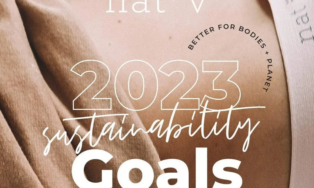 Close-up of Nat'v underwear with 2023 sustainability goals text, highlighting eco-friendly fabric and ethical certifications.
