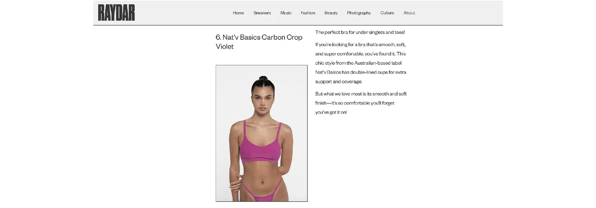 Woman modeling Nat'v Basics Carbon Crop Violet bra featured in Raydar Magazine article on best purple bras