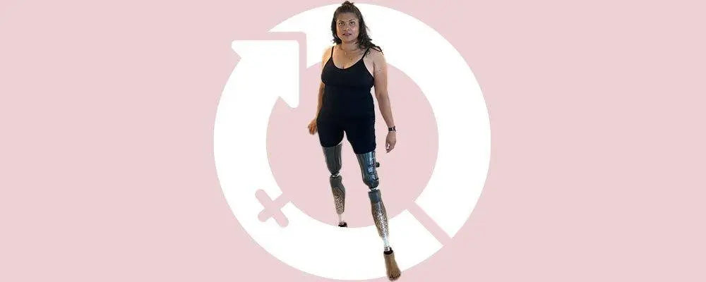 Disability advocate Sara Shams with prosthetic legs standing confidently against a pink background with a female gender symbol.