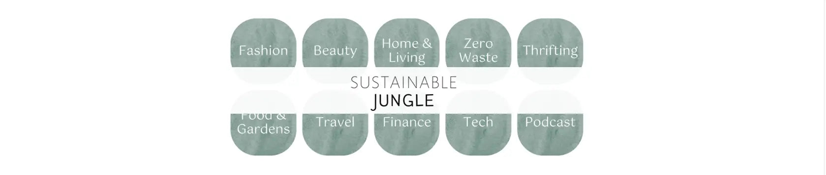 Sustainable Jungle logo with categories including fashion, beauty, zero waste, and podcast representing eco-friendly lifestyle topics.