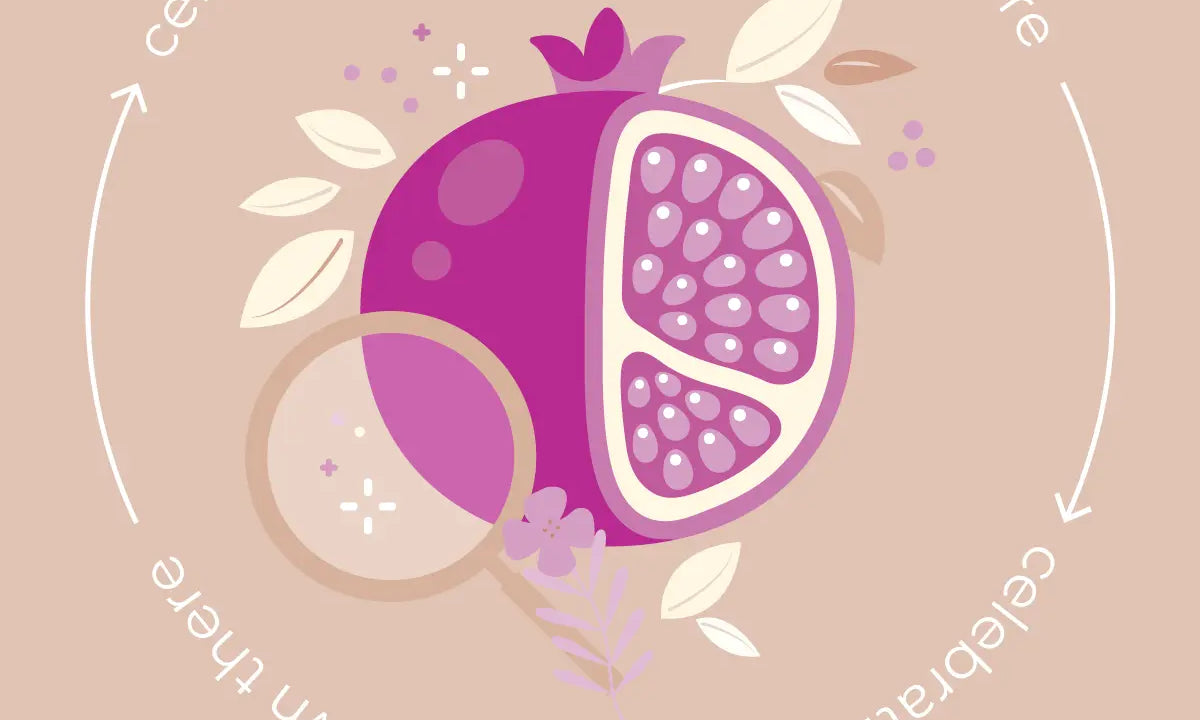 Illustration of a pomegranate with decorative leaves and flowers surrounded by circular text celebrating self-care for down there.