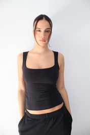 SQUARE NECK COTTON TANK - BLACK