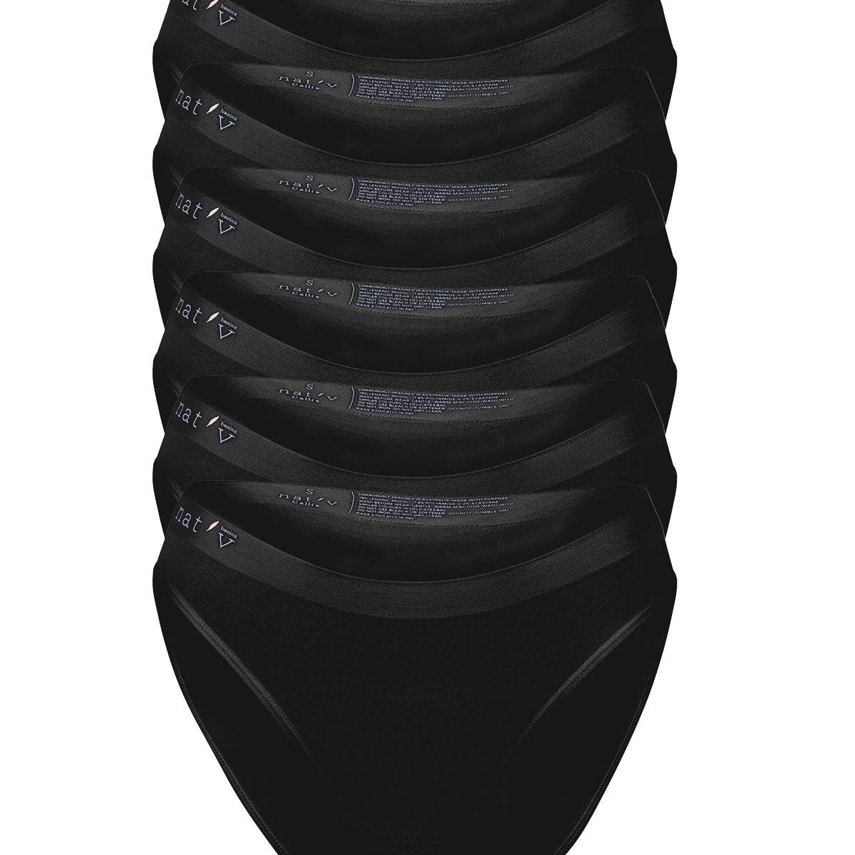 Set of seven black natural hip bikini briefs with thin soft waistbands and semi-seamless design for everyday comfort