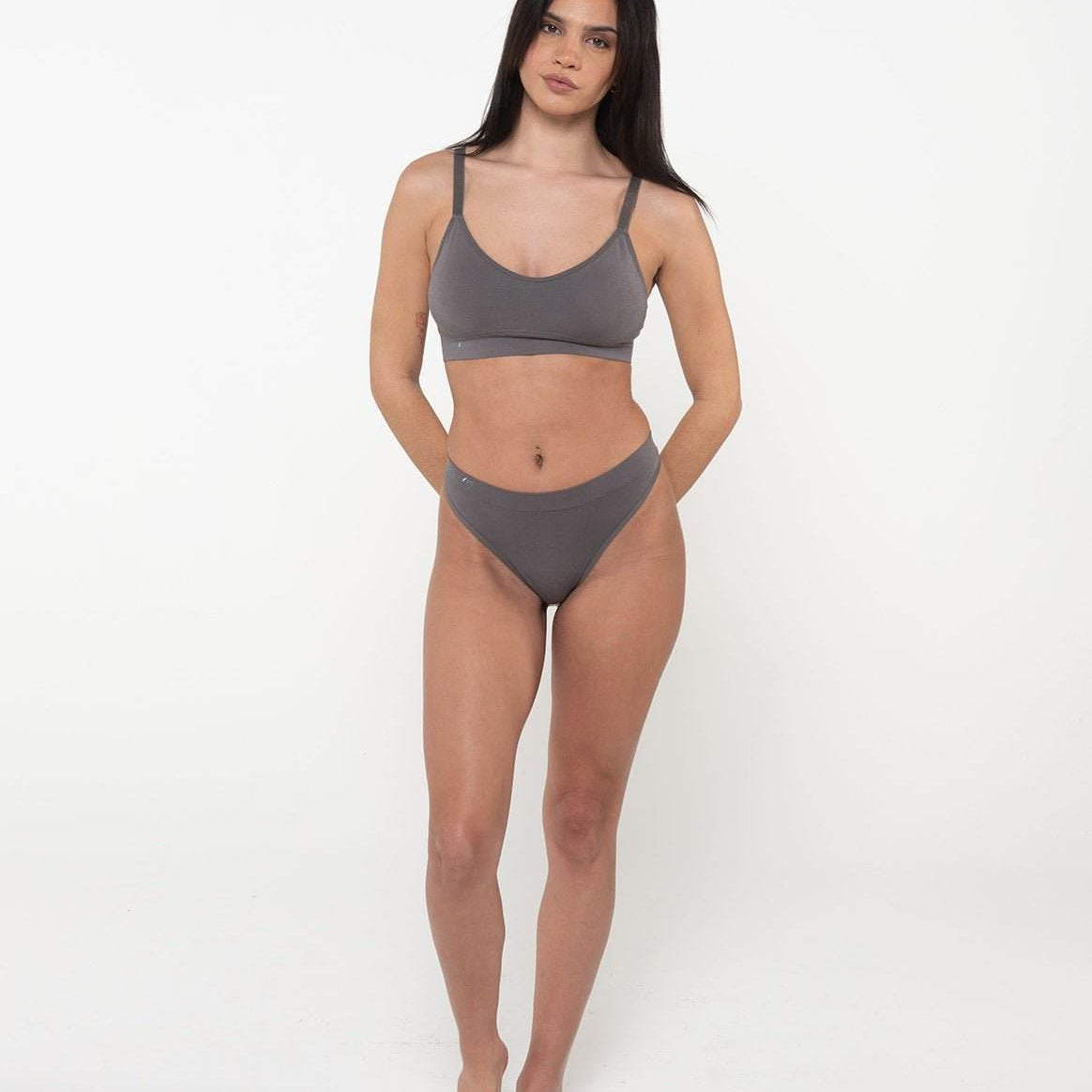 Woman wearing Slate Cheeky Set with Cheeky G Brief and Everyday Crop in eco-friendly soft fabric