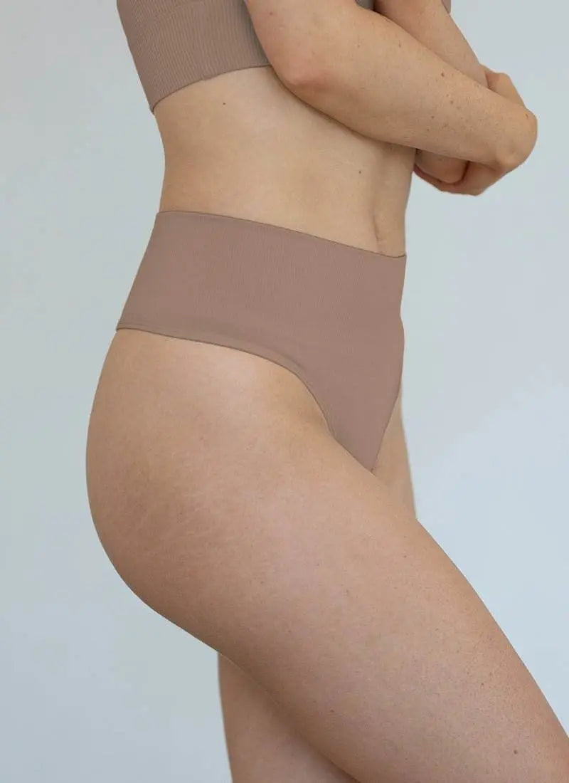 High-waisted seamless brown G string with thick compression waistband for comfortable all-day wear