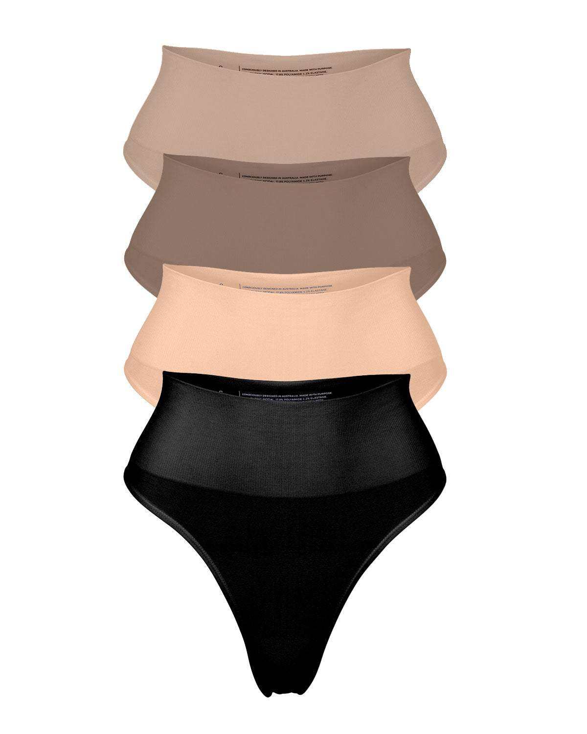 Bundle of four high-waisted G-string shapewear in nude shades including sand, chestnut, bone, and black for tummy control and seamless wear.