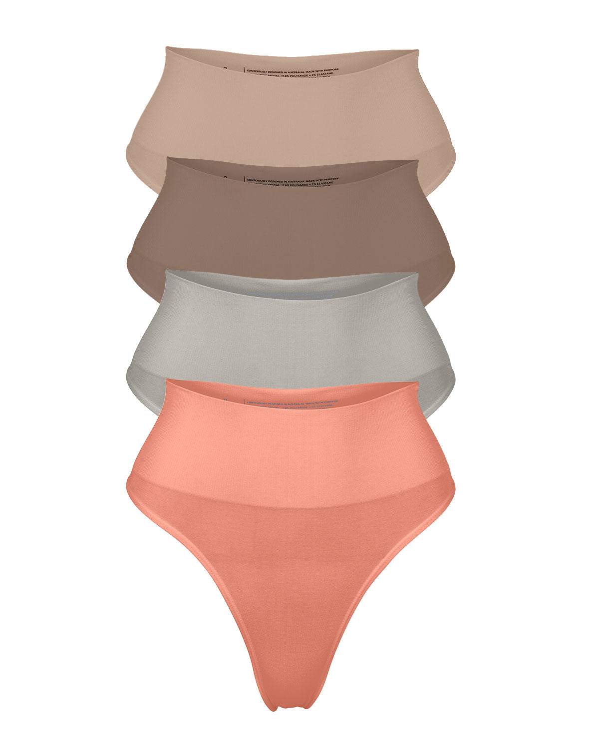 The ChiChi 4 G Bundle high-waisted G strings in sand, chestnut, sage, and peachy colors with firm compression waistbands for tummy support and seamless fit