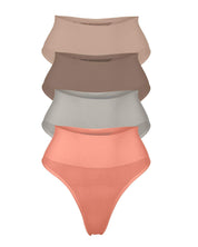 The ChiChi 4 G Bundle high-waisted G strings in sand, chestnut, sage, and peachy colors with firm compression waistbands for tummy support and seamless fit