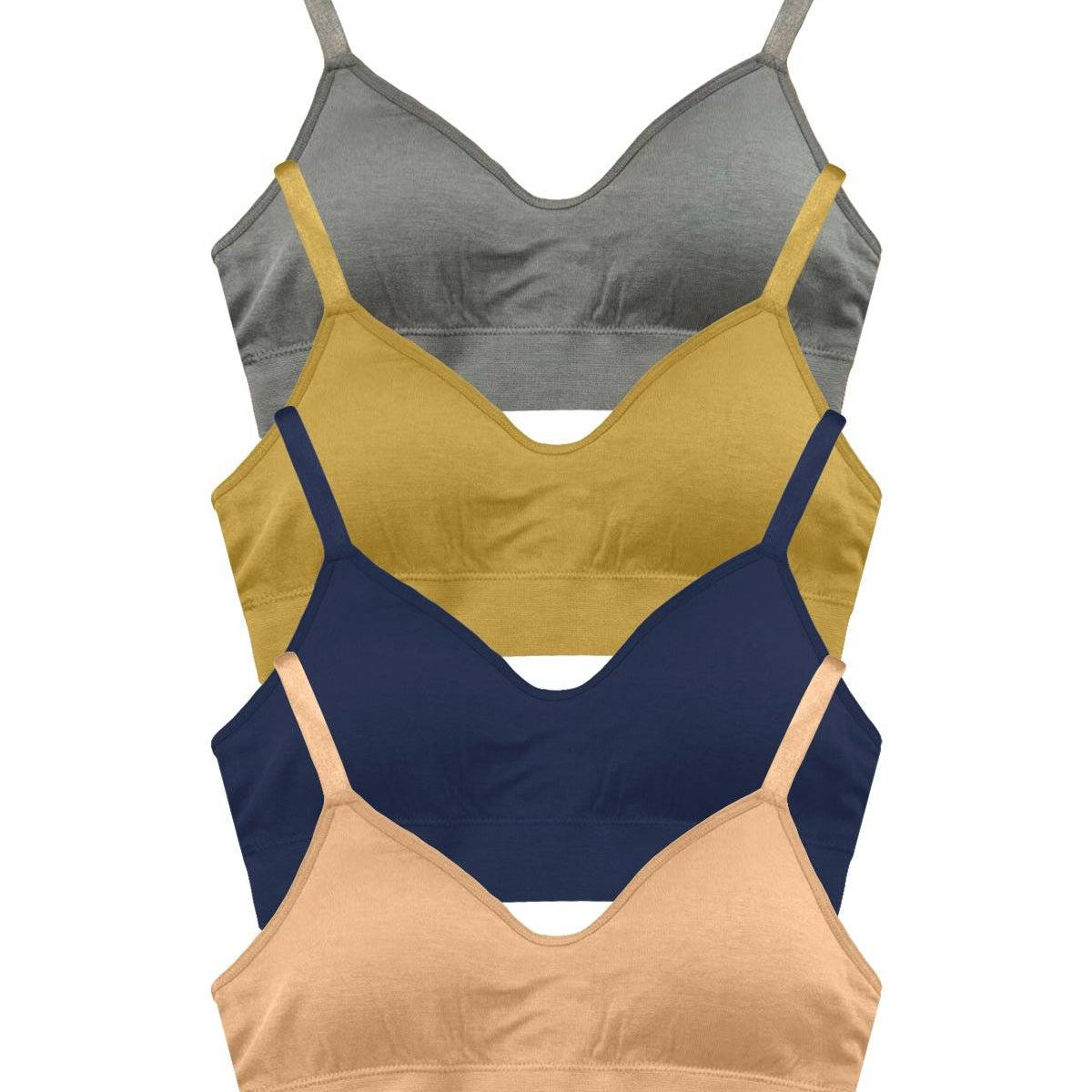 Four-pack wireless bras in gray, mustard, navy, and beige, soft and breathable for all-day comfort, best wireless bra bundle